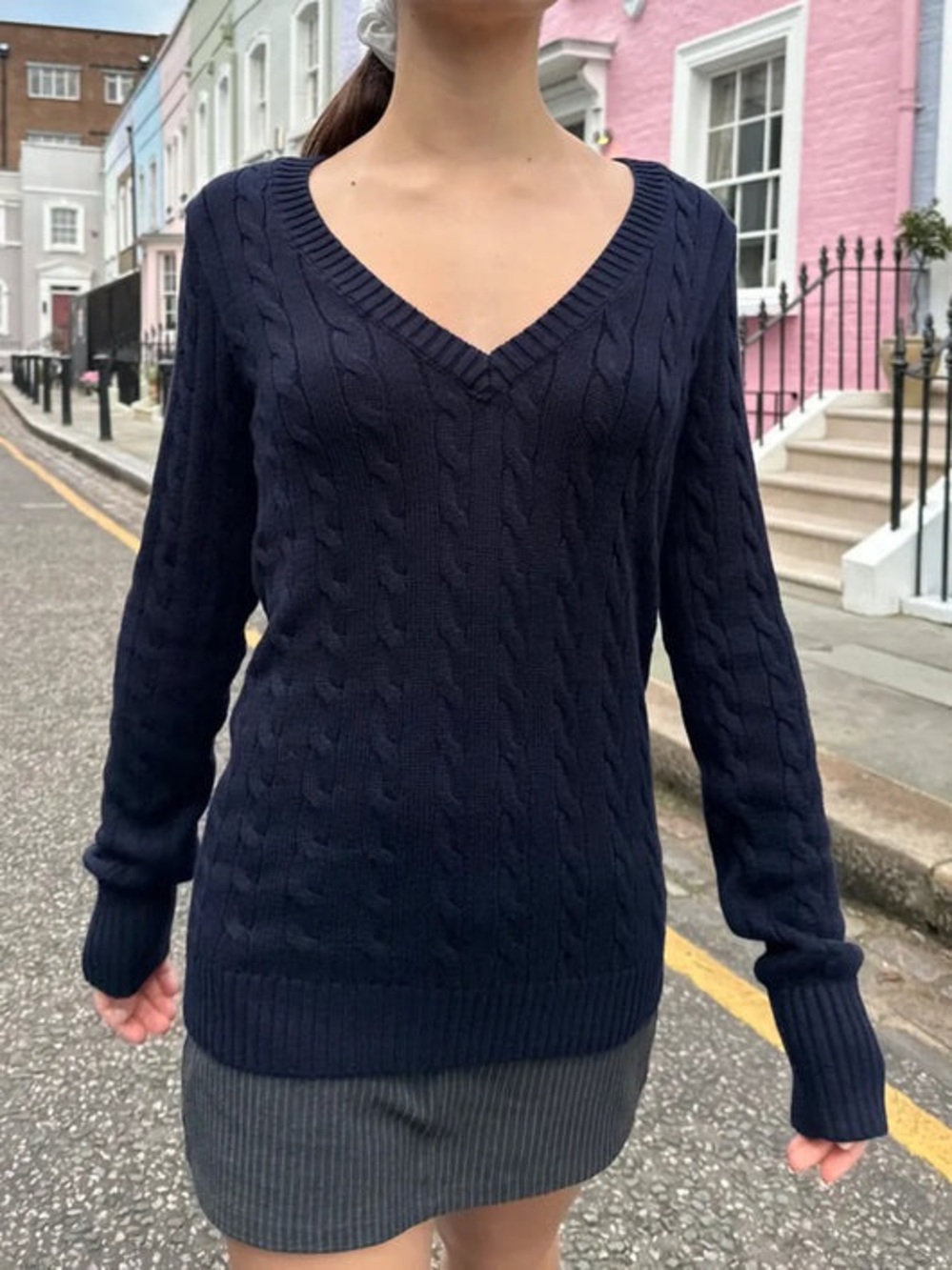 Brandy Melville Navy Cable Knit V-Neck Sweater